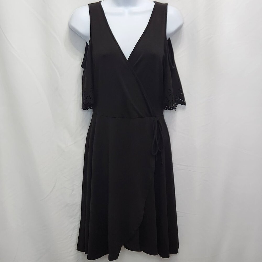 Alya Faux Wrap Knit Dress Womens S Small Black Cold Shoulder V Neck Casual EE13